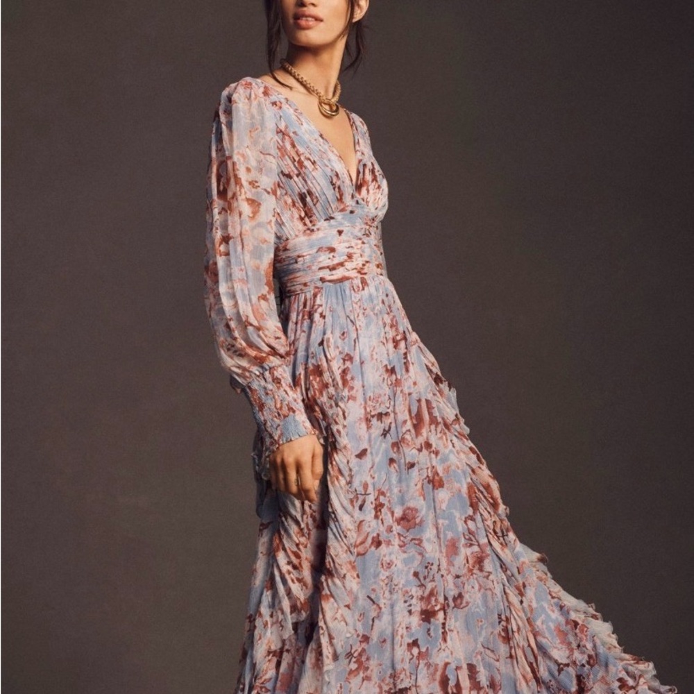 BHLDN V-Neck Long Sleeve Printed Chiffon Gown – Blue Motif – XS – Worn Once